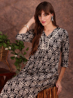 Ethnic Motifs Printed Lace Detailing Kurta And Palazzo, Black - Hiral Fashion | Grocsy