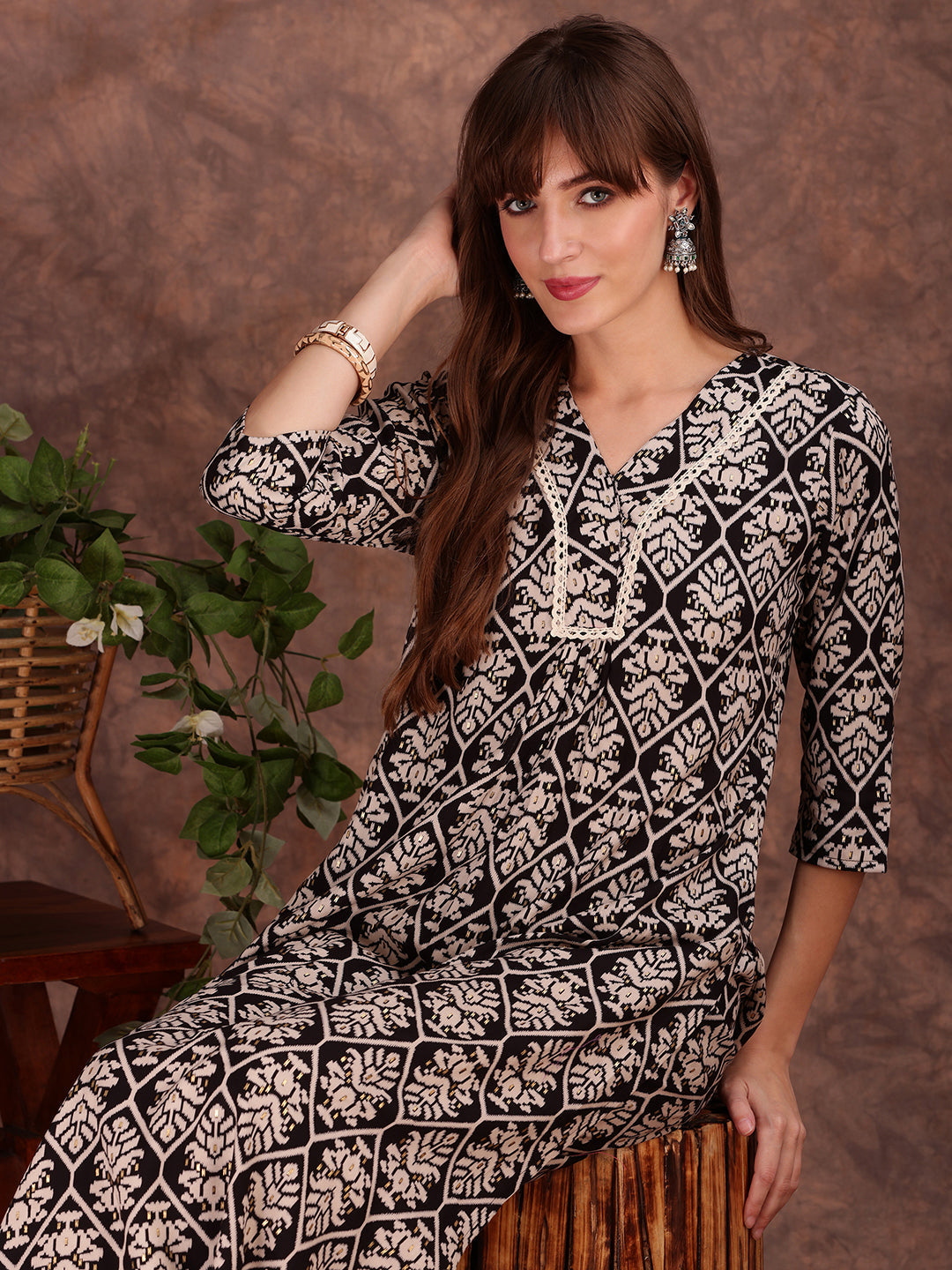 Ethnic Motifs Printed Lace Detailing Kurta And Palazzo, Black - Hiral Fashion | Grocsy