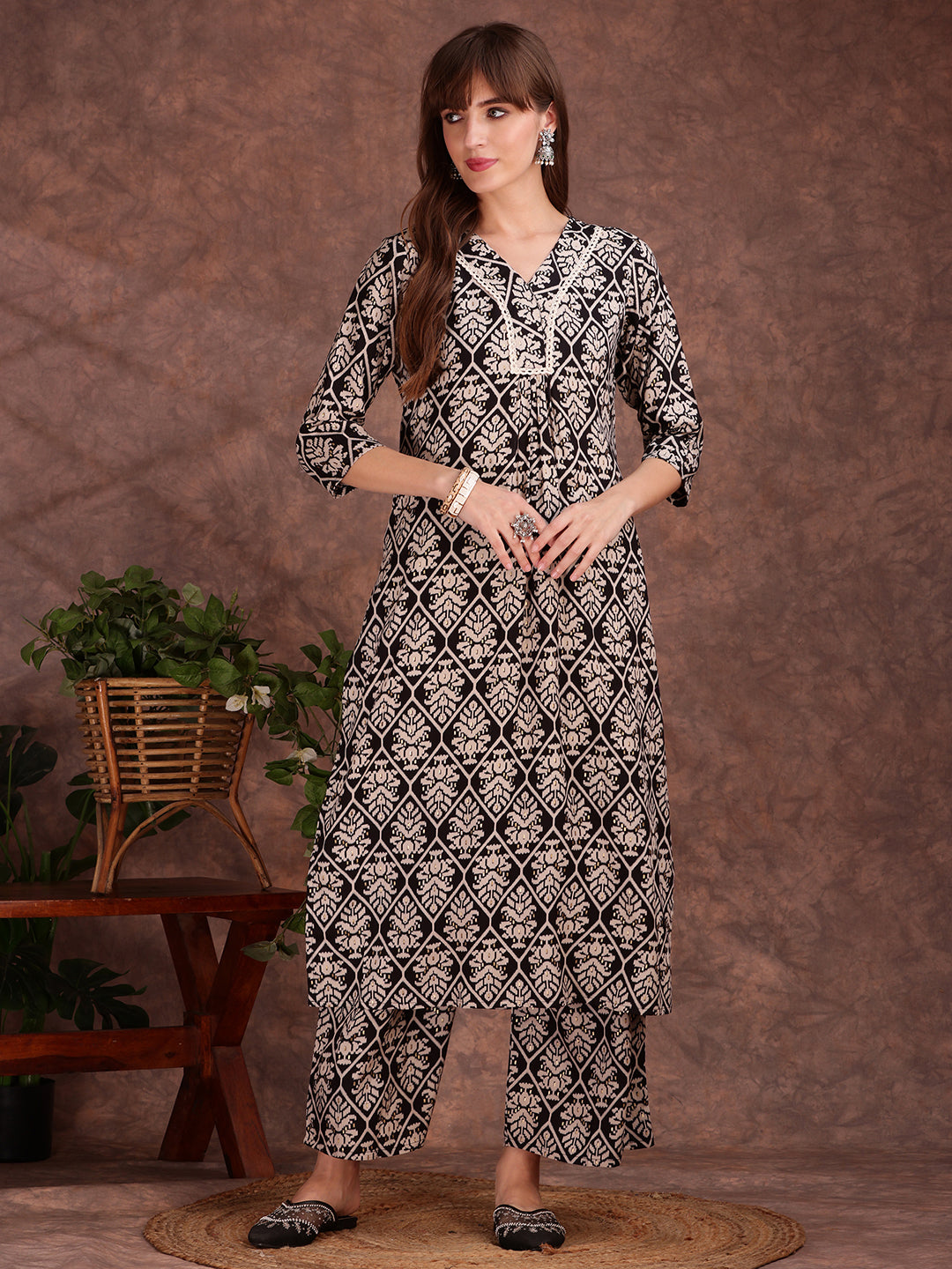 Ethnic Motifs Printed Lace Detailing Kurta And Palazzo, Black - Hiral Fashion | Grocsy