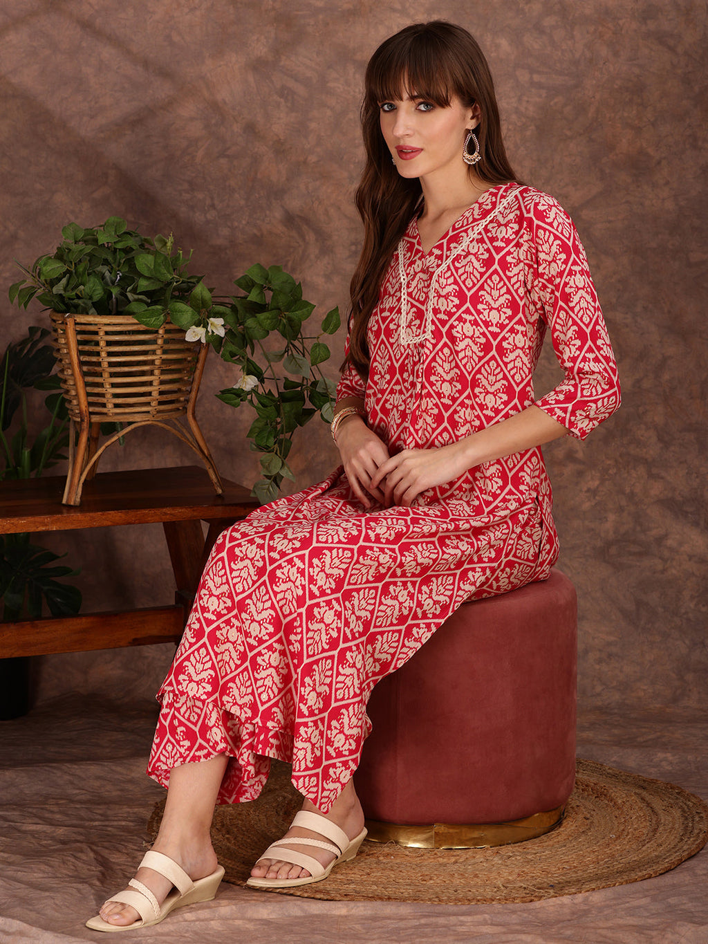Ethnic Motifs Printed Lace Detailing Kurta And Palazzo, Pink - Hiral Fashion | Grocsy
