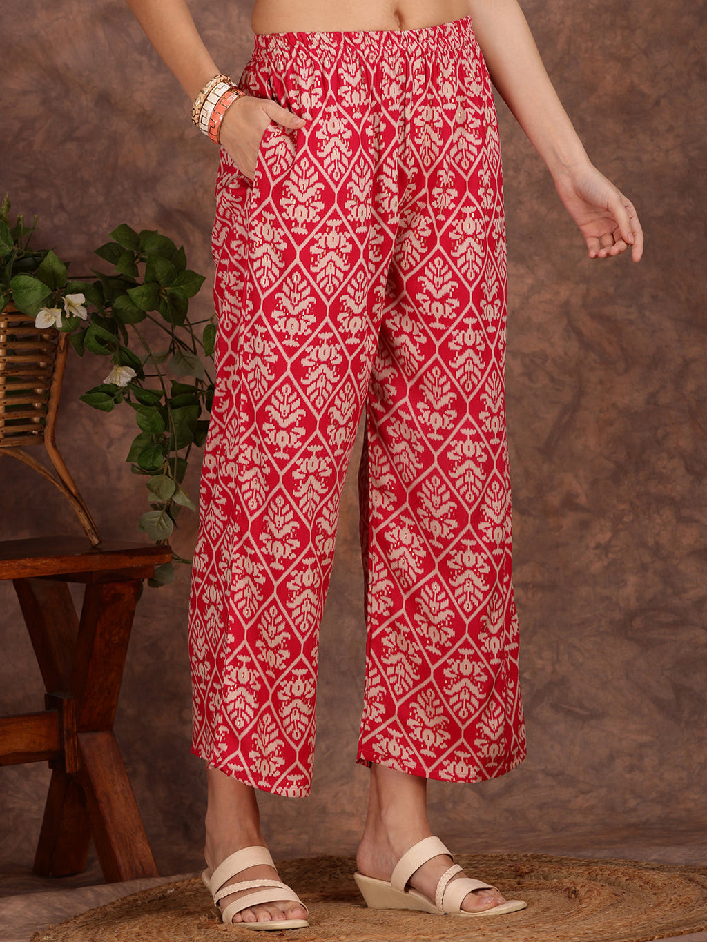 Ethnic Motifs Printed Lace Detailing Kurta And Palazzo, Pink - Hiral Fashion | Grocsy