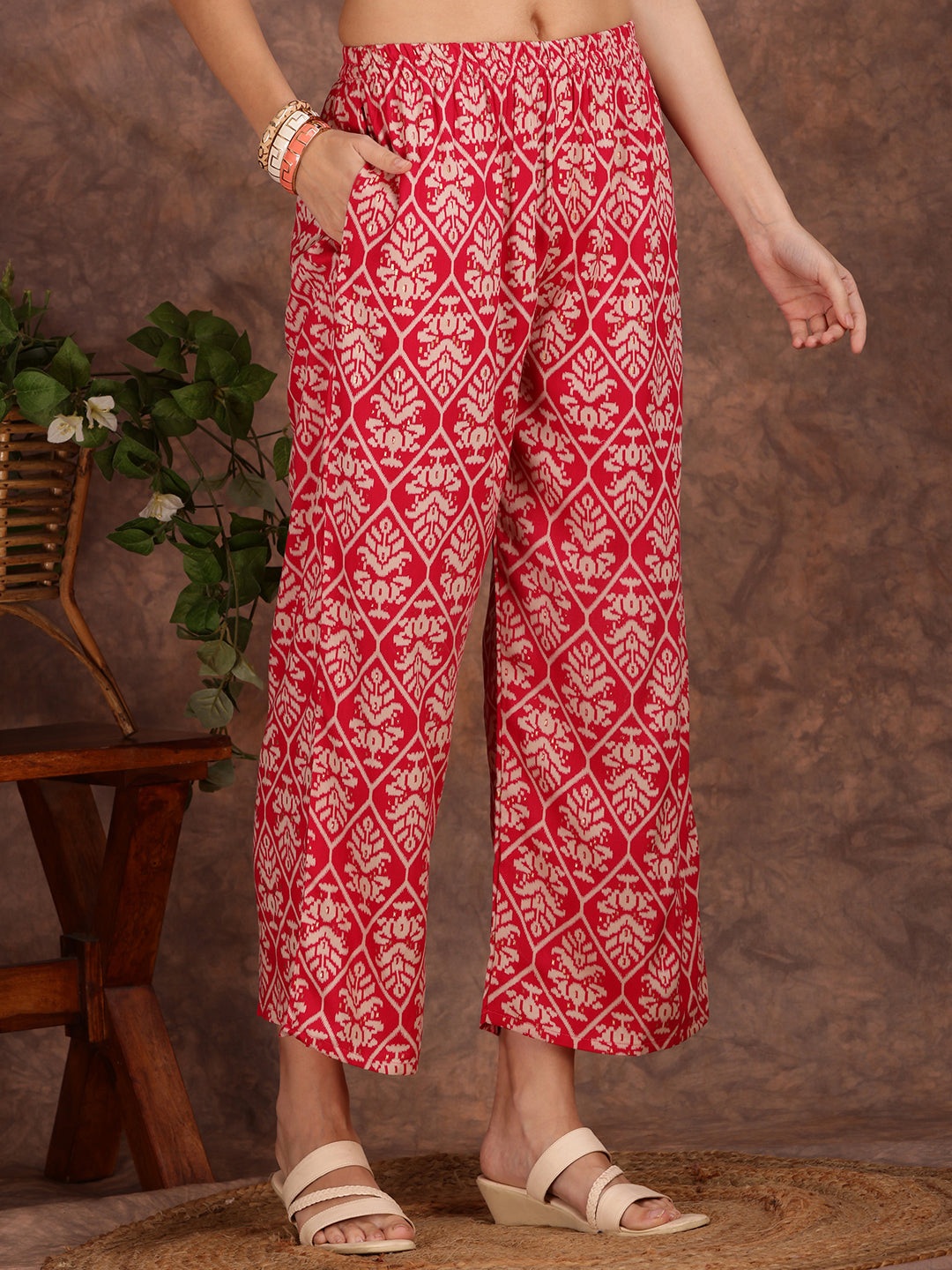 Ethnic Motifs Printed Lace Detailing Kurta And Palazzo, Pink - Hiral Fashion | Grocsy