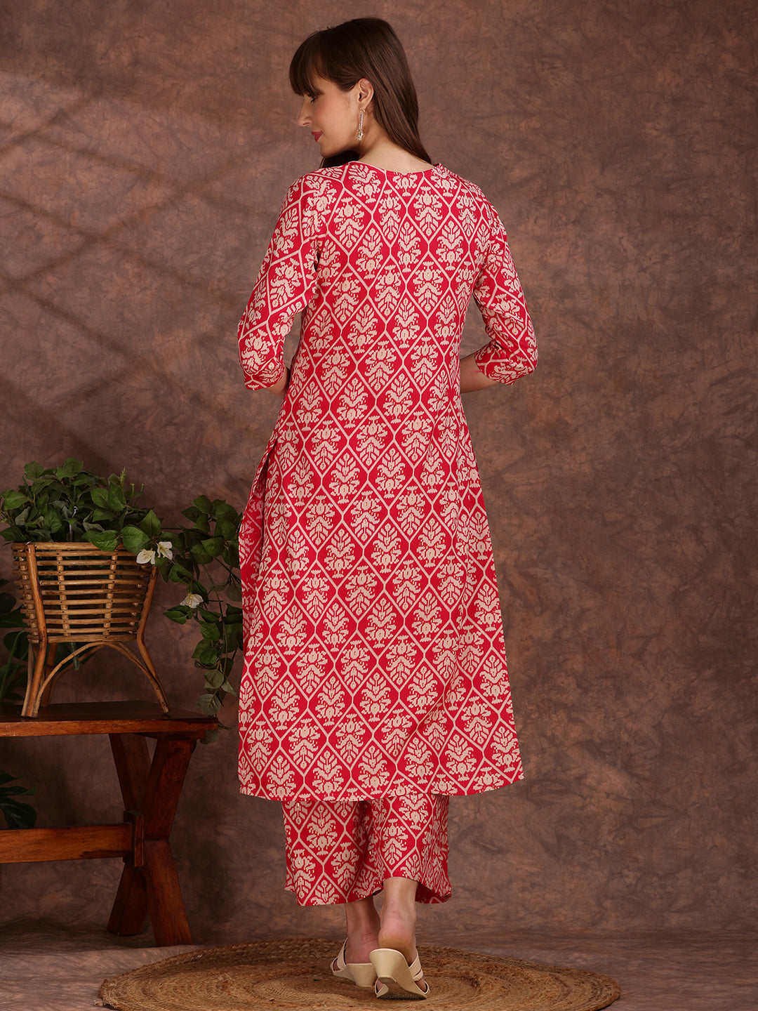 Ethnic Motifs Printed Lace Detailing Kurta And Palazzo, Pink - Hiral Fashion | Grocsy