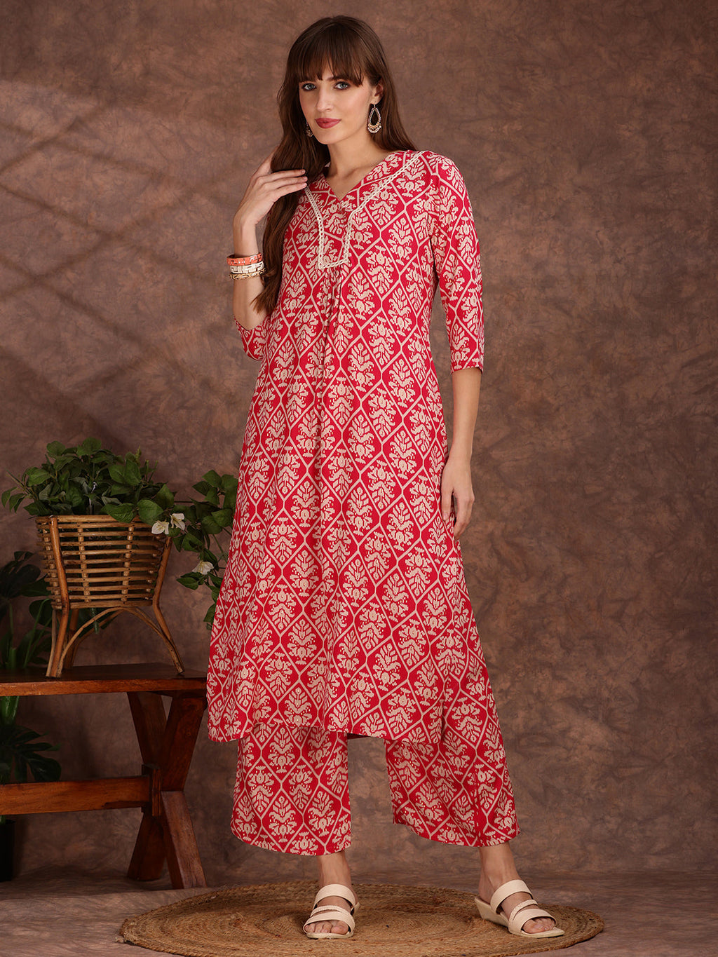 Ethnic Motifs Printed Lace Detailing Kurta And Palazzo, Pink - Hiral Fashion | Grocsy