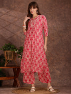 Ethnic Motifs Printed Lace Detailing Kurta And Palazzo, Pink - Hiral Fashion | Grocsy