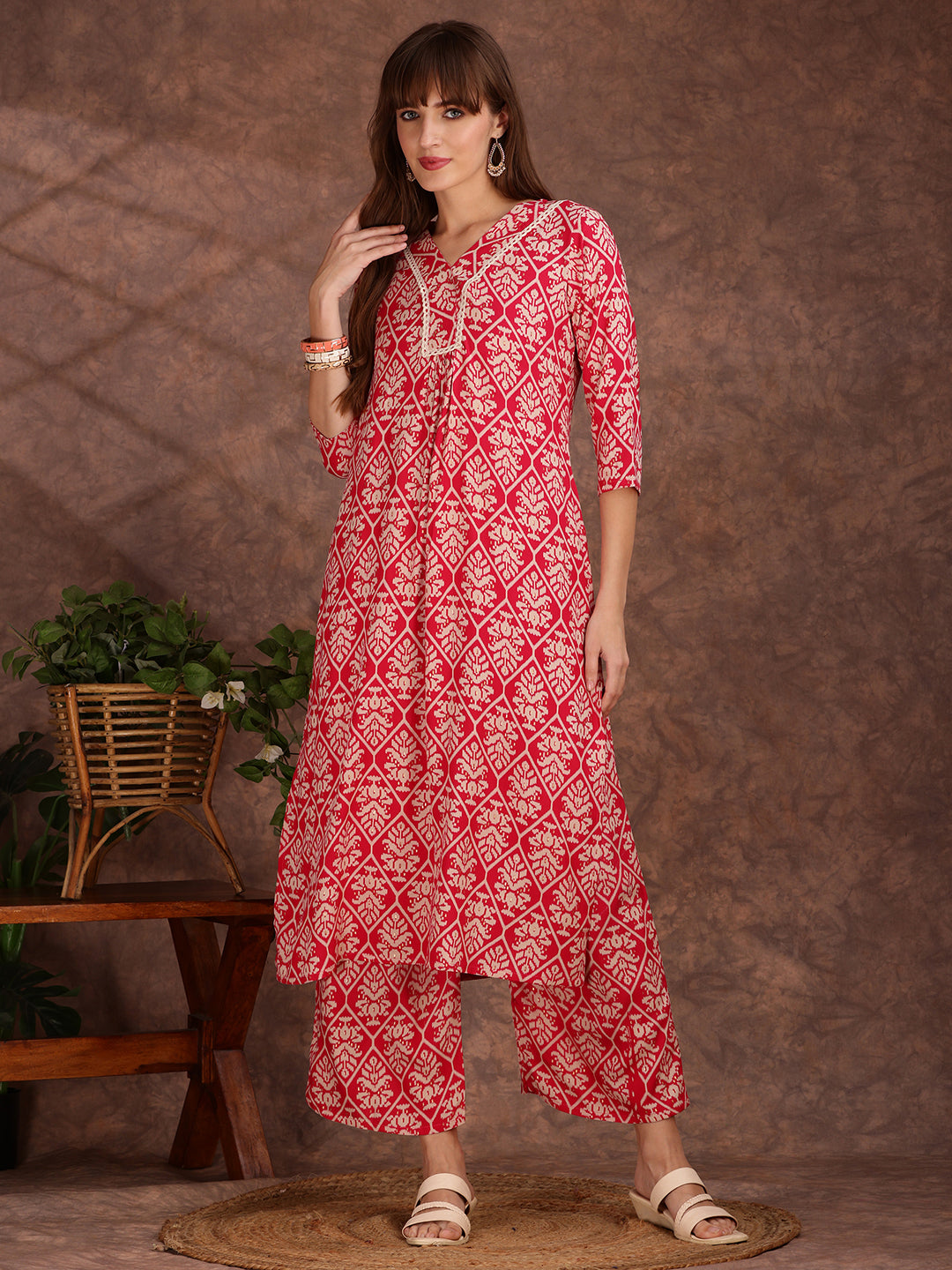 Ethnic Motifs Printed Lace Detailing Kurta And Palazzo, Pink - Hiral Fashion | Grocsy