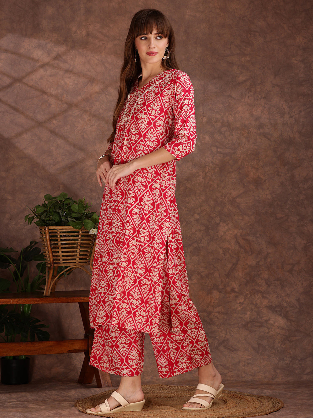 Ethnic Motifs Printed Lace Detailing Kurta And Palazzo, Pink - Hiral Fashion | Grocsy