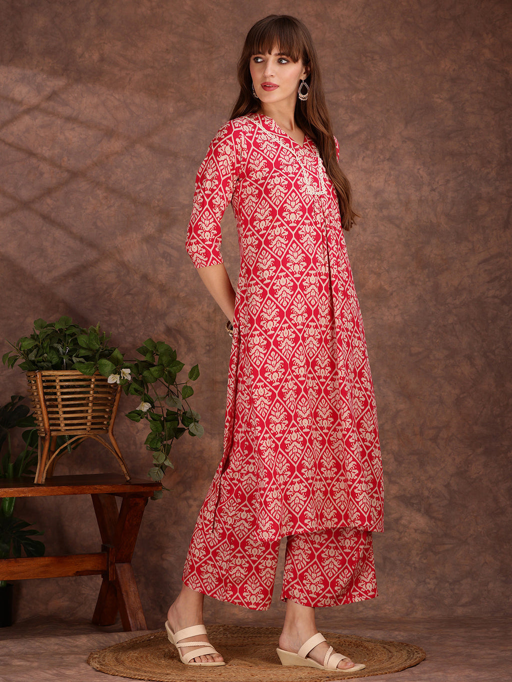 Ethnic Motifs Printed Lace Detailing Kurta And Palazzo, Pink - Hiral Fashion | Grocsy