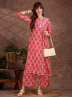 Ethnic Motifs Printed Lace Detailing Kurta And Palazzo, Pink - Hiral Fashion | Grocsy