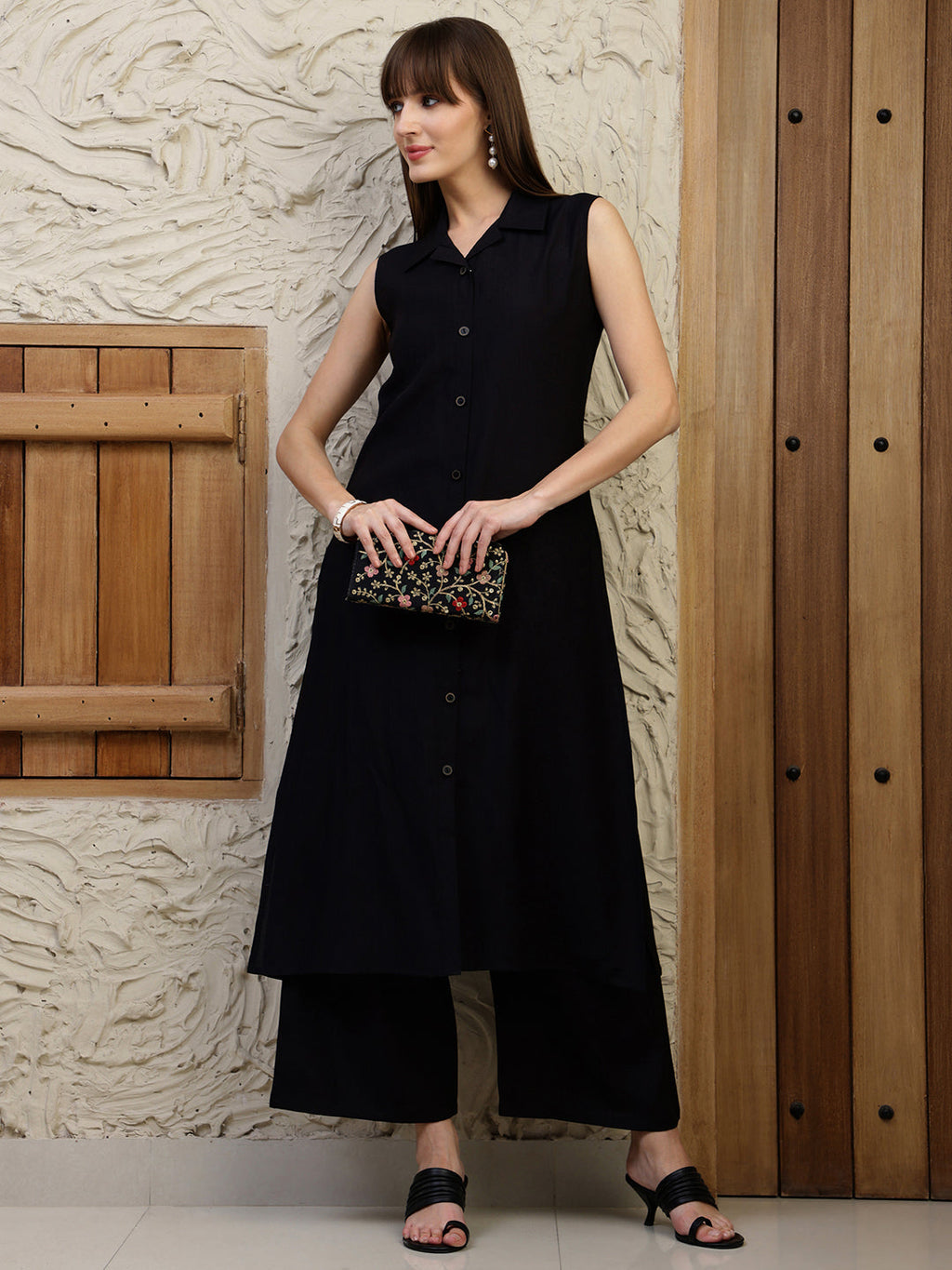 Shirt Style Kurta With Palazzo, Black - Hiral Fashion | Grocsy