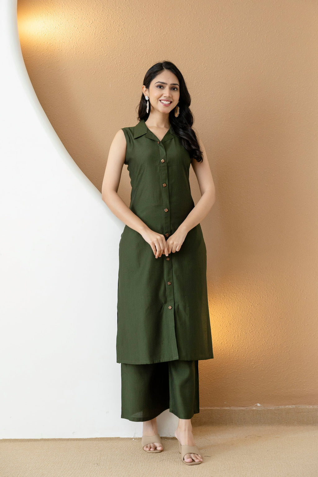 Shirt Style Kurta With Palazzo, Bottle-Green - Hiral Fashion | Grocsy