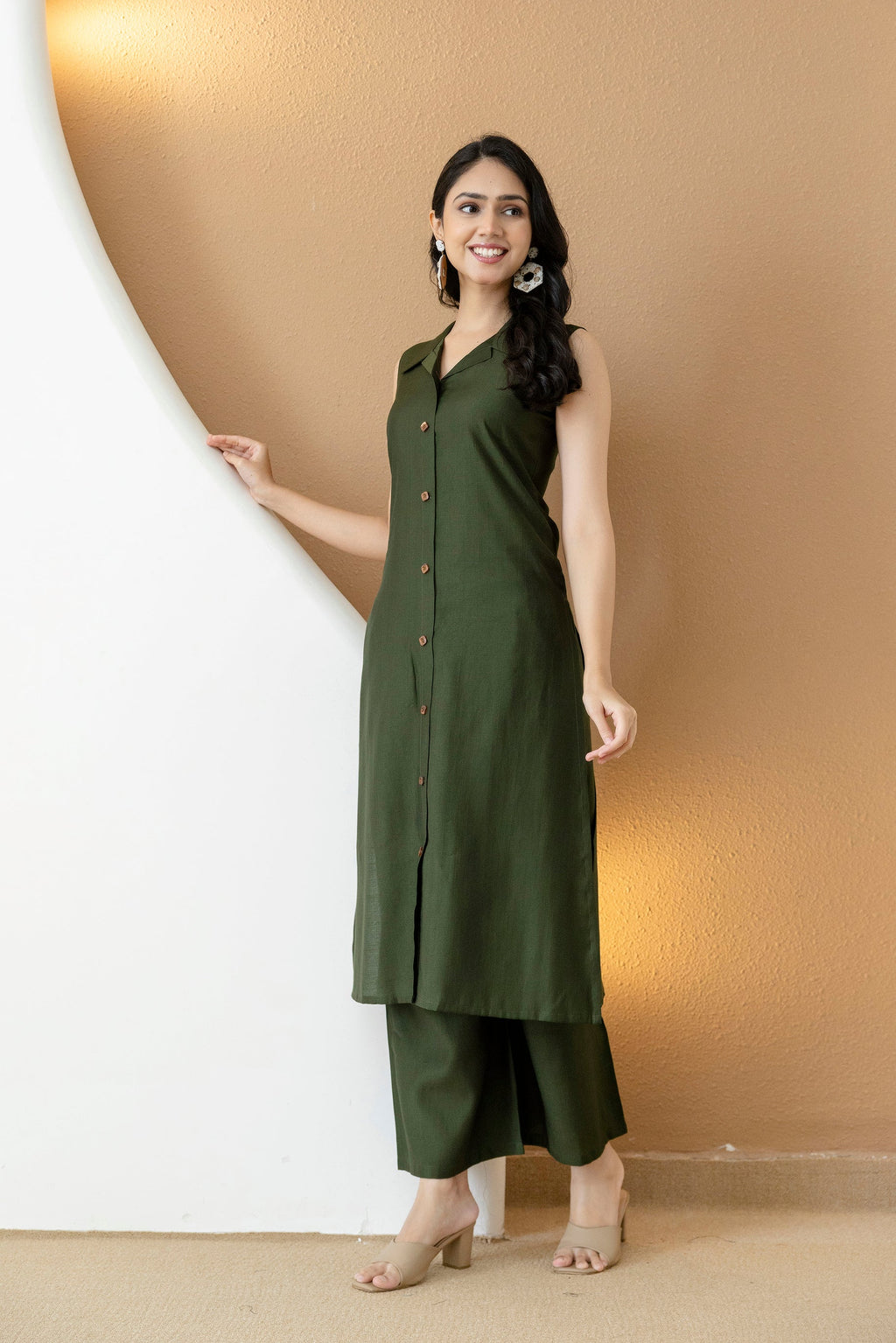 Shirt Style Kurta With Palazzo, Bottle-Green - Hiral Fashion | Grocsy