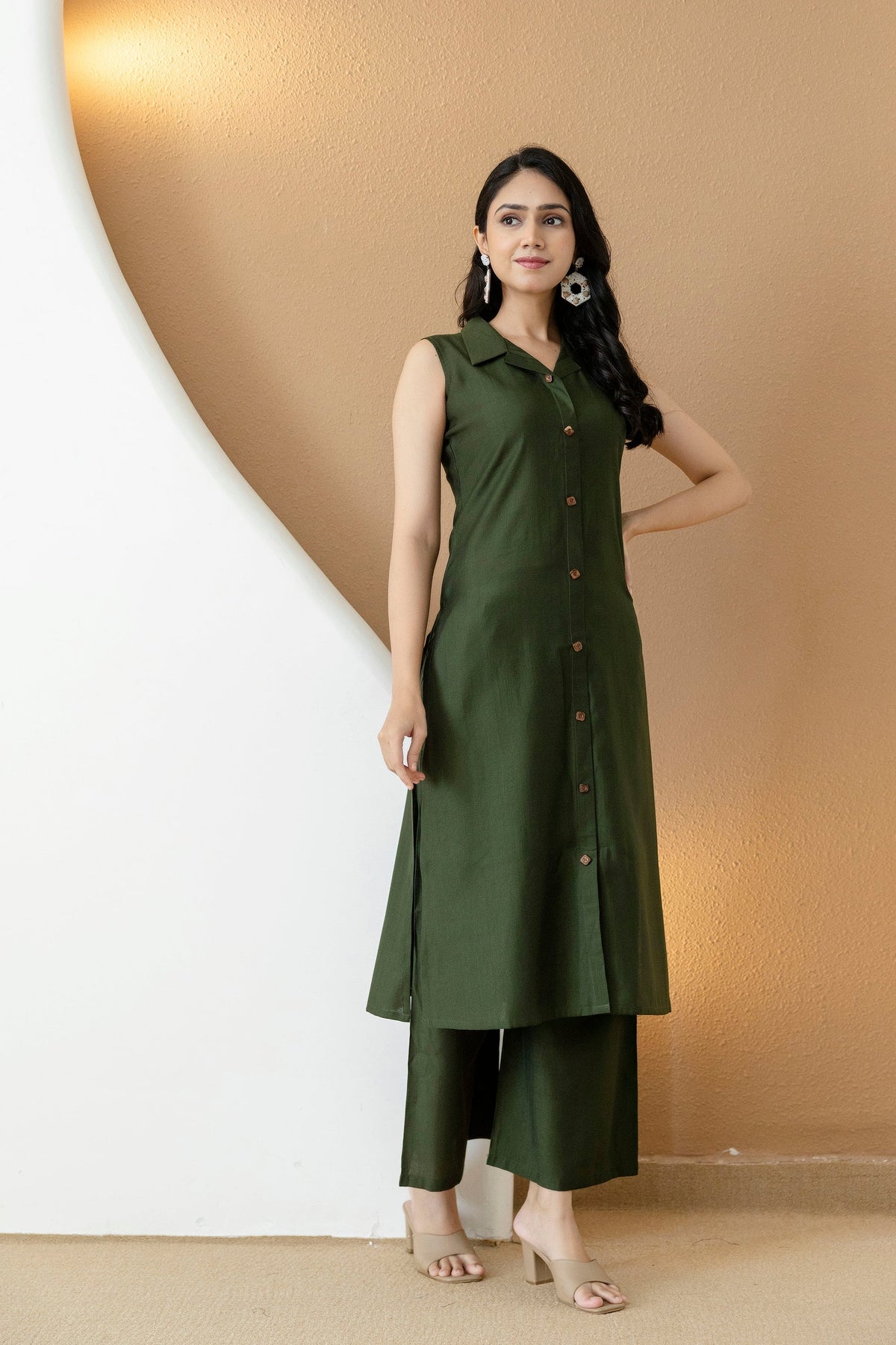 Shirt Style Kurta With Palazzo, Bottle-Green - Hiral Fashion | Grocsy