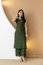 Shirt Style Kurta With Palazzo, Bottle-Green - Hiral Fashion | Grocsy