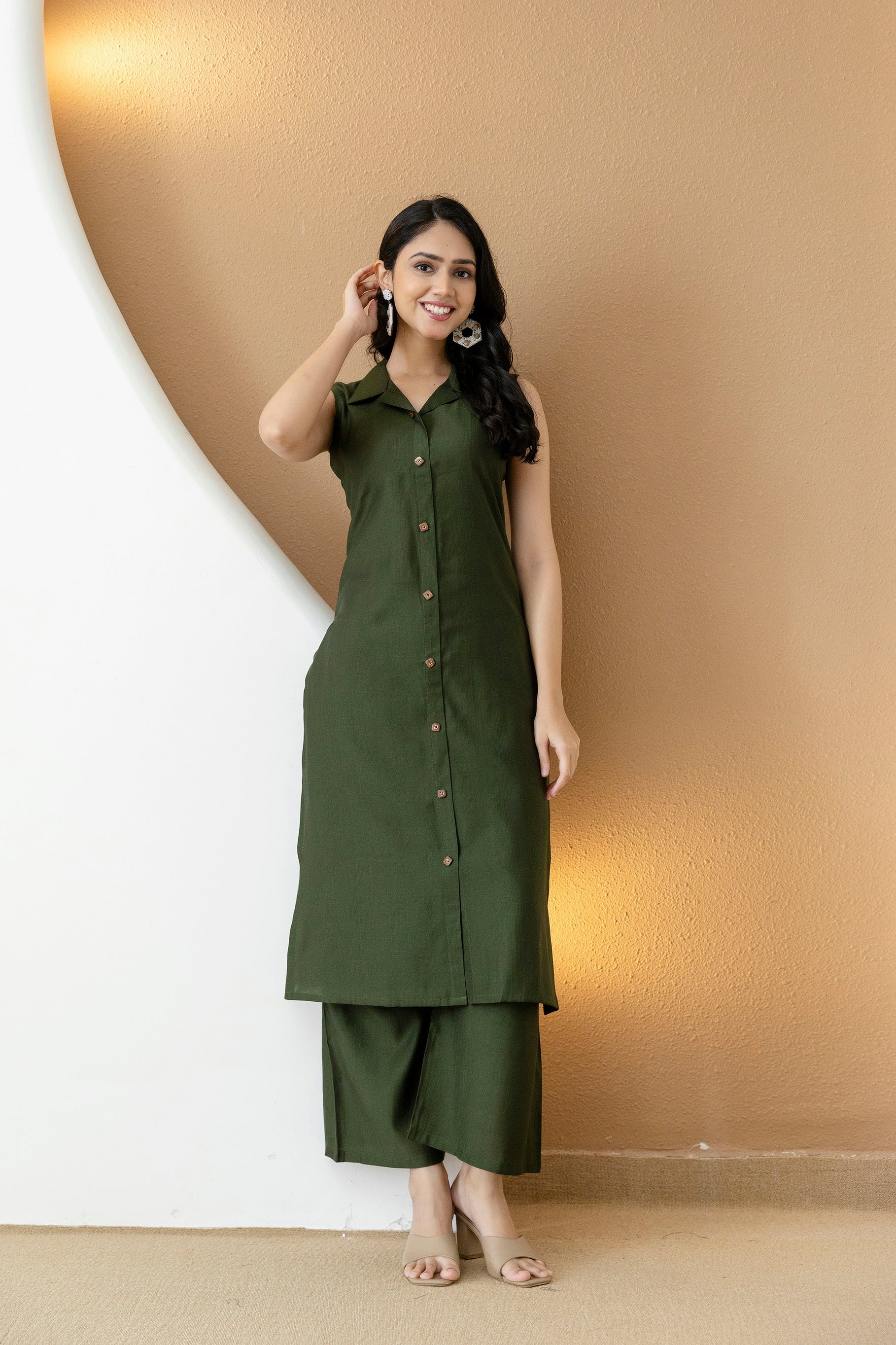 Shirt Style Kurta With Palazzo, Bottle-Green - Hiral Fashion | Grocsy