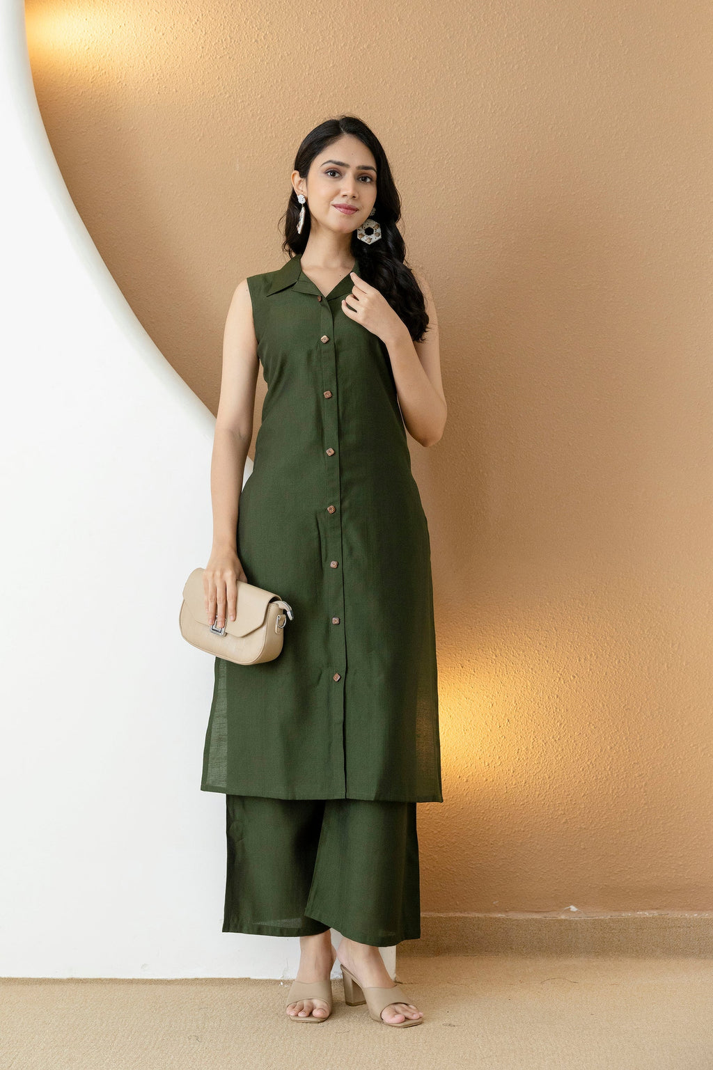 Shirt Style Kurta With Palazzo, Bottle-Green - Hiral Fashion | Grocsy