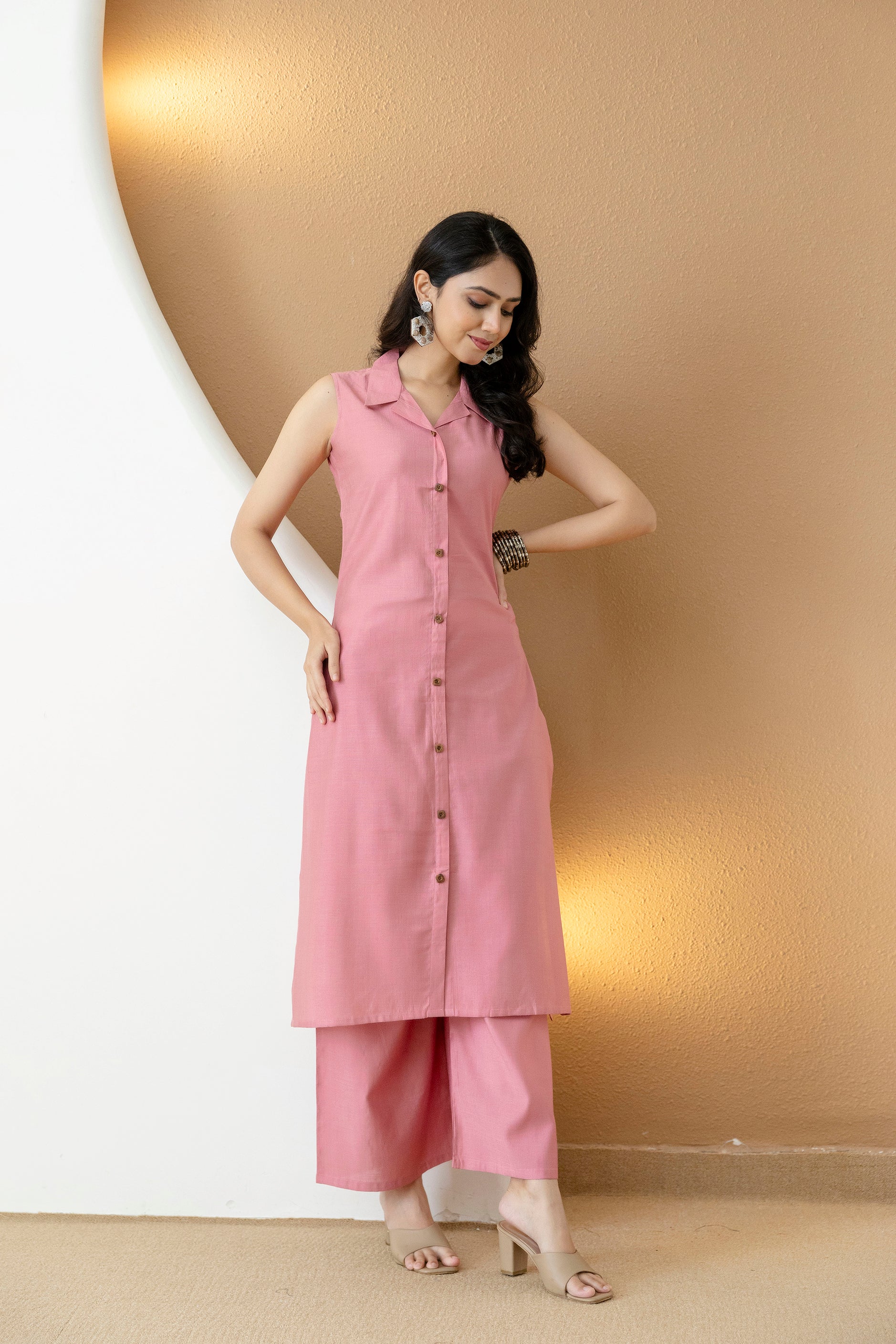 Shirt Style Kurta With Palazzo, Pink - Hiral Fashion | Grocsy