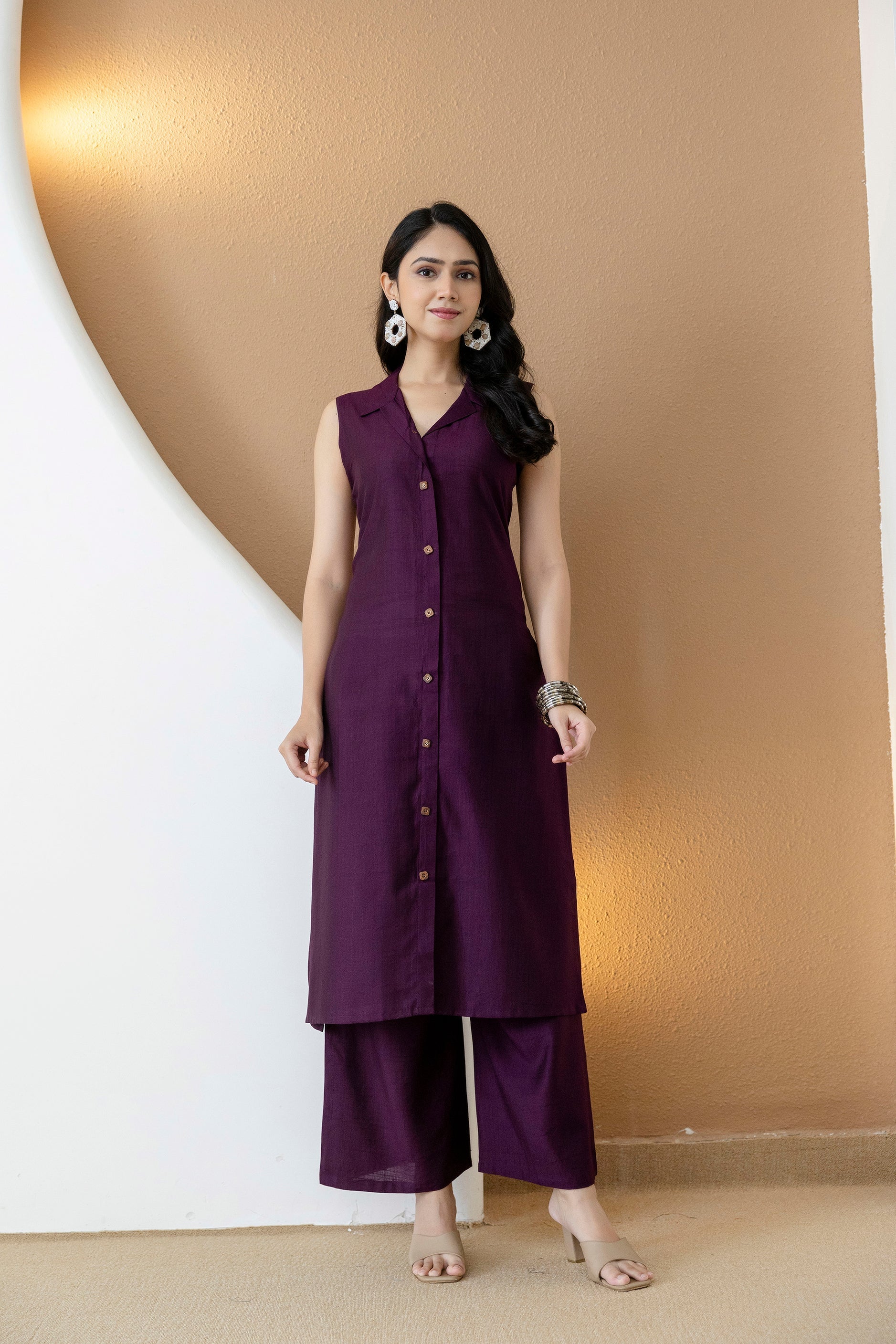 Shirt Style Kurta With Palazzo, Purple - Hiral Fashion | Grocsy