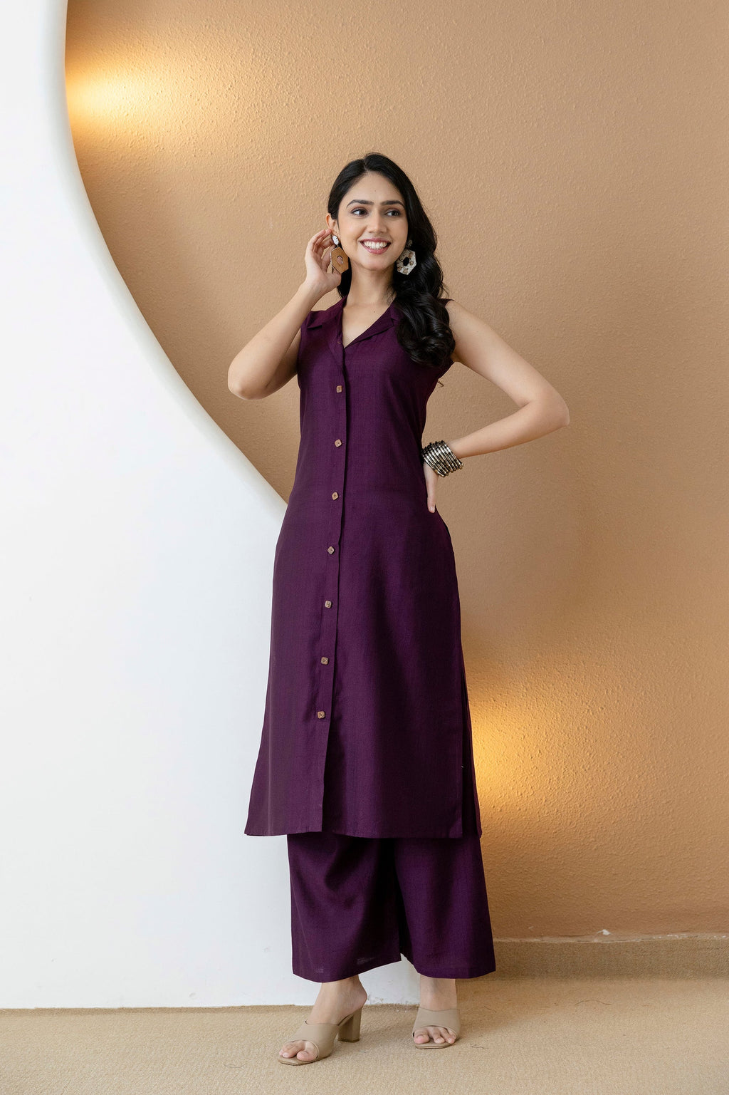 Shirt Style Kurta With Palazzo, Purple - Hiral Fashion | Grocsy