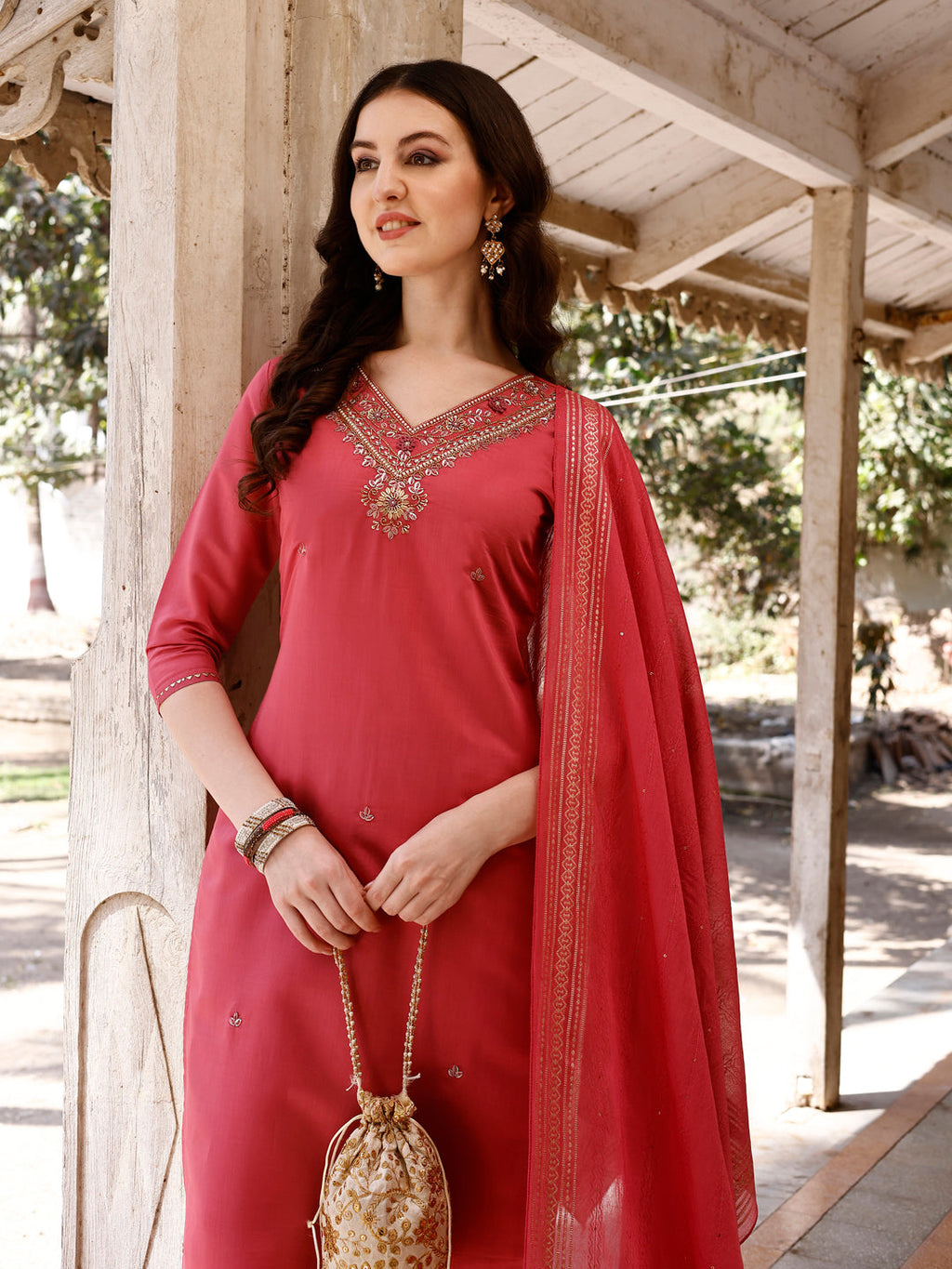 Hand Embroidered Kurta With Pant & Banarasi Dupatta, Multicolor - Hiral Fashion | Grocsy