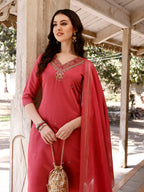 Hand Embroidered Kurta With Pant & Banarasi Dupatta, Multicolor - Hiral Fashion | Grocsy