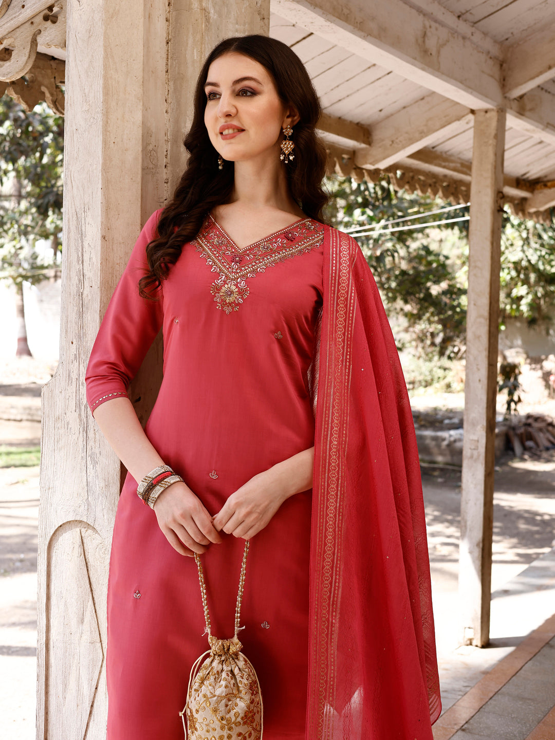 Hand Embroidered Kurta With Pant & Banarasi Dupatta, Multicolor - Hiral Fashion | Grocsy