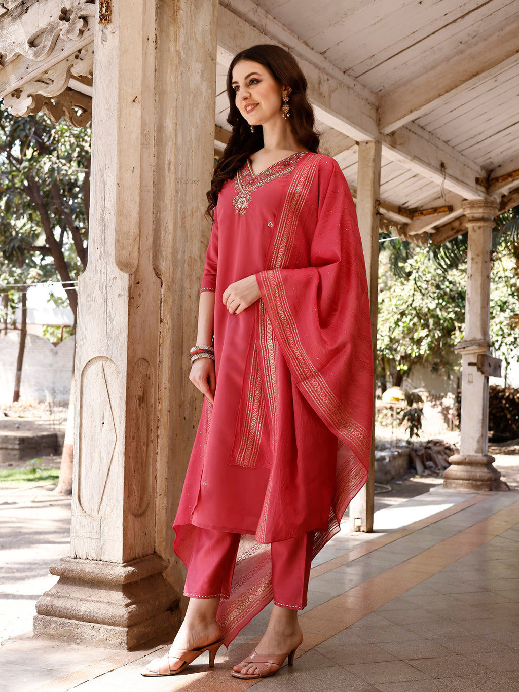 Hand Embroidered Kurta With Pant & Banarasi Dupatta, Multicolor - Hiral Fashion | Grocsy