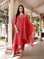 Hand Embroidered Kurta With Pant & Banarasi Dupatta, Multicolor - Hiral Fashion | Grocsy