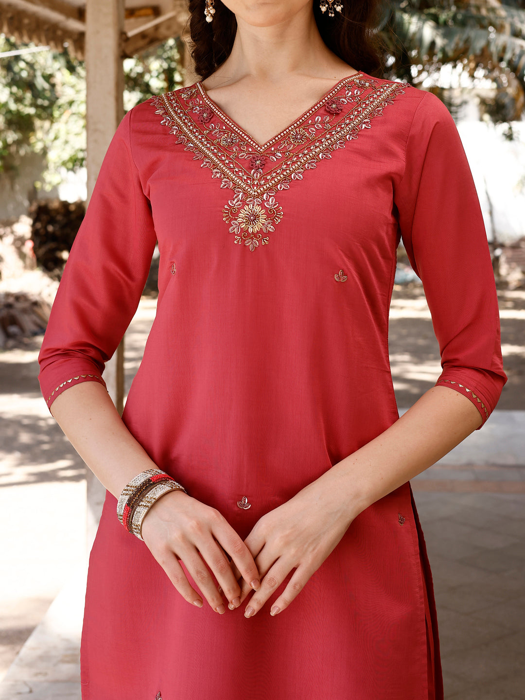 Hand Embroidered Kurta With Pant & Banarasi Dupatta, Multicolor - Hiral Fashion | Grocsy