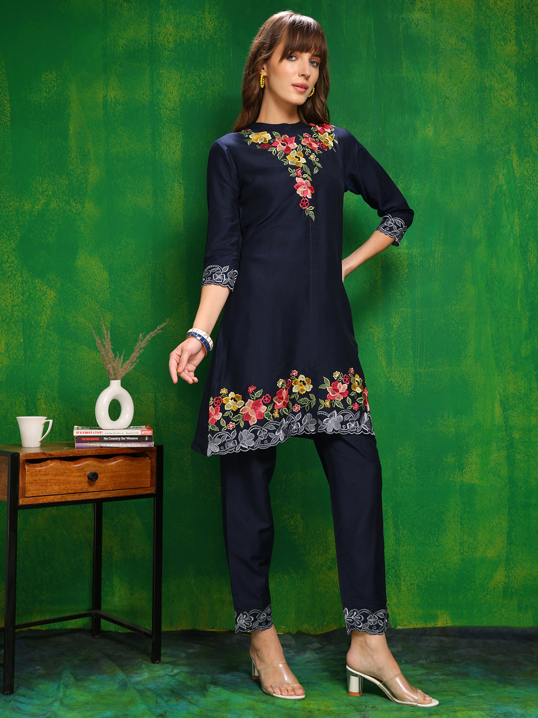 Placement Embroidered Co Ords Set, Navy Blue - Hiral Fashion | Grocsy