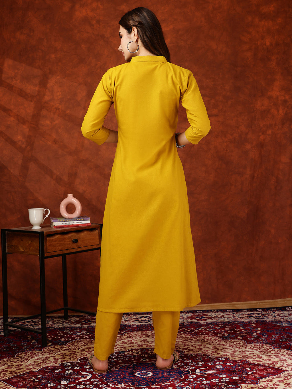 Placement Floral Front Buttoned Kurta With Pant, Mustard - Hiral Fashion | Grocsy