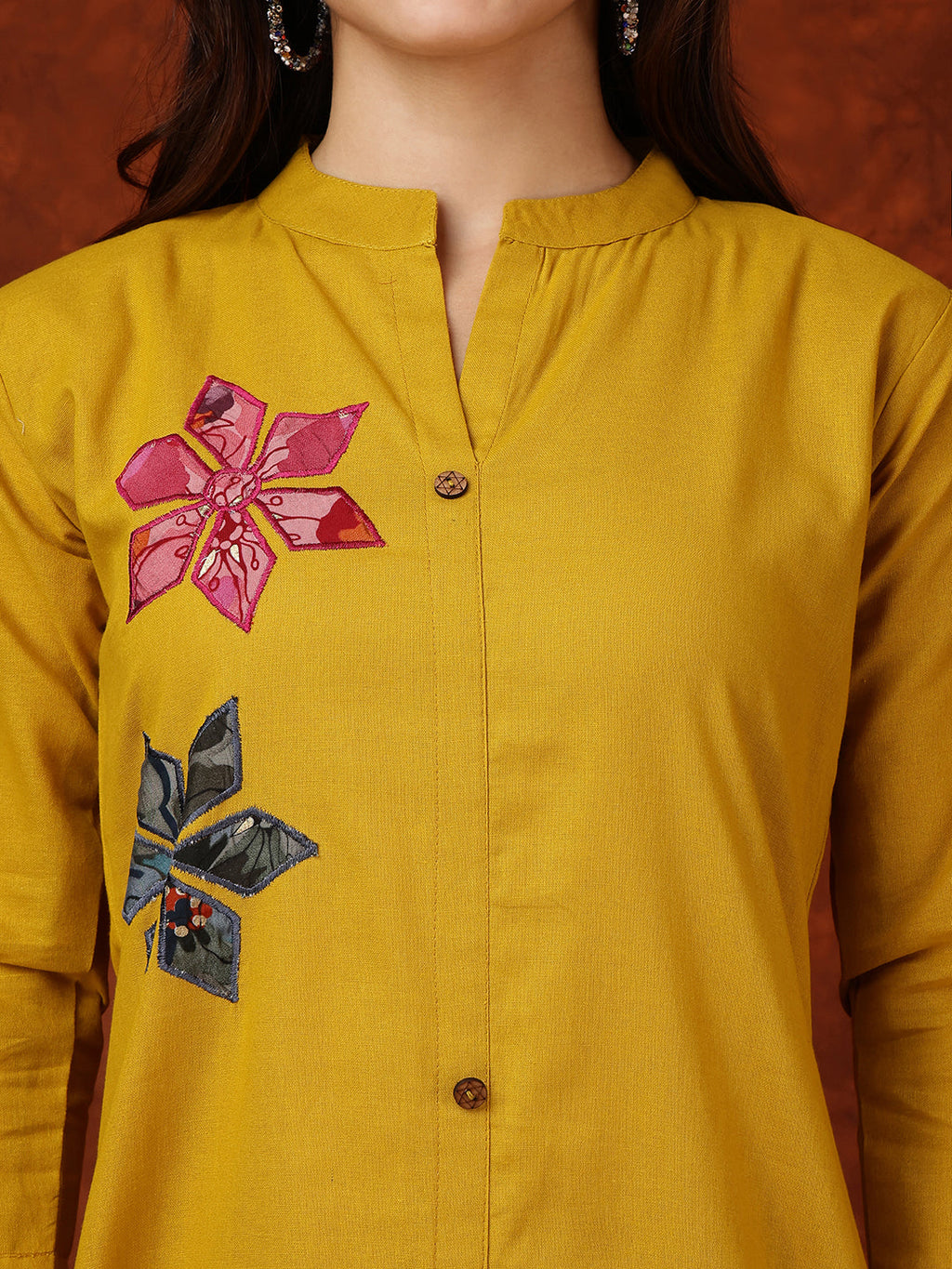 Placement Floral Front Buttoned Kurta With Pant, Mustard - Hiral Fashion | Grocsy