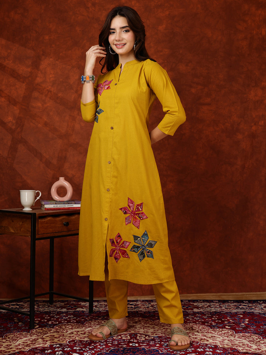 Placement Floral Front Buttoned Kurta With Pant, Mustard - Hiral Fashion | Grocsy