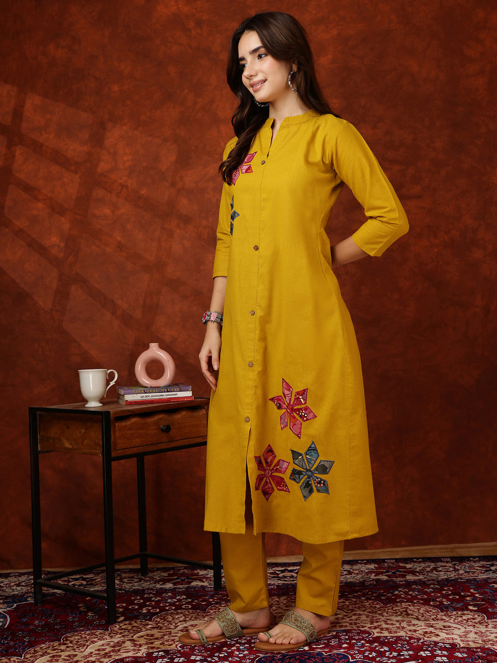 Placement Floral Front Buttoned Kurta With Pant, Mustard - Hiral Fashion | Grocsy