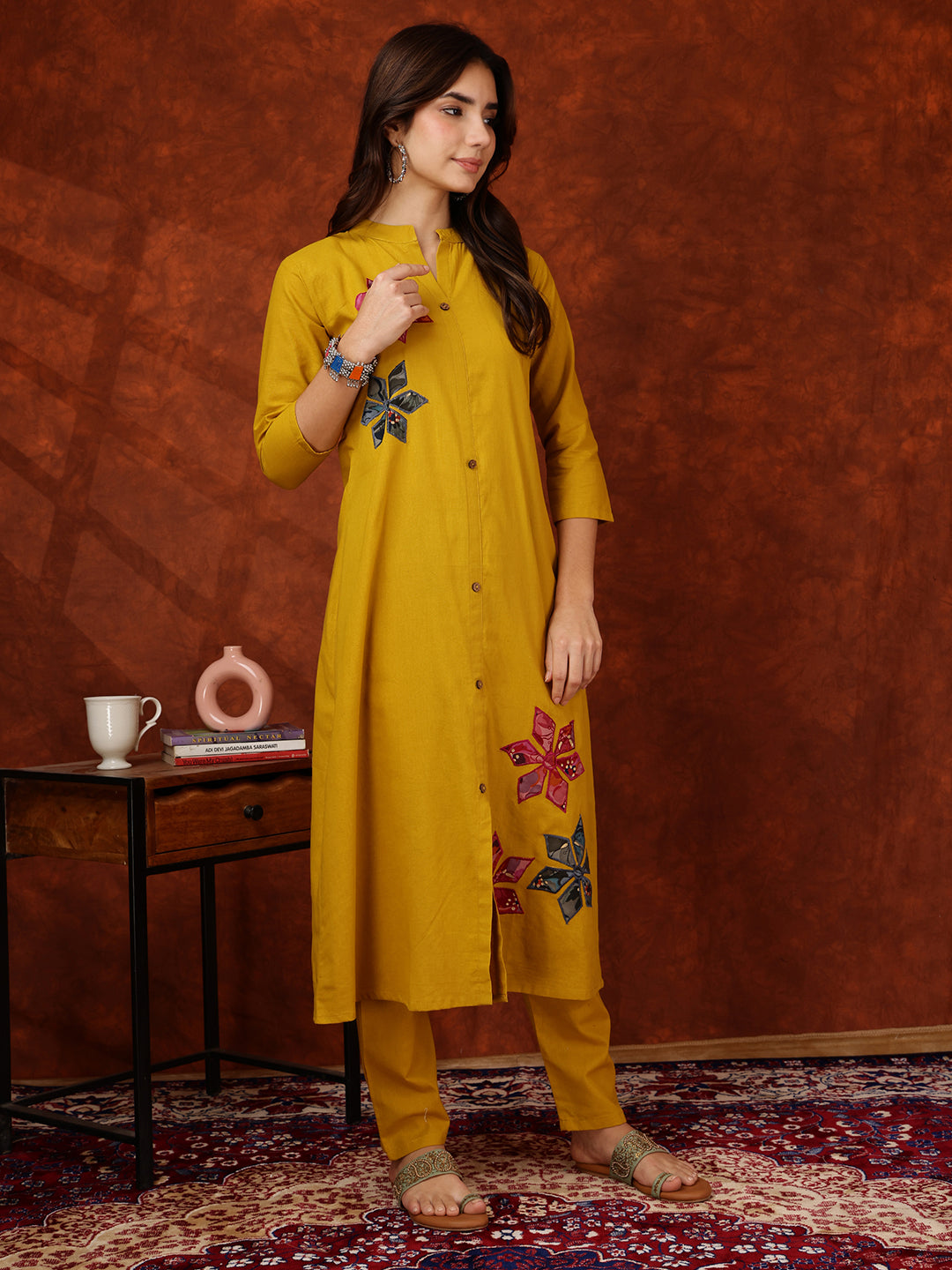 Placement Floral Front Buttoned Kurta With Pant, Mustard - Hiral Fashion | Grocsy