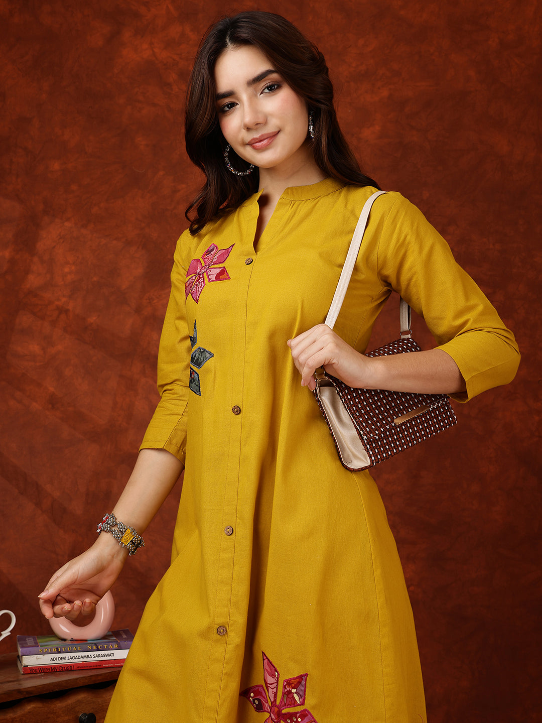 Placement Floral Front Buttoned Kurta With Pant, Mustard - Hiral Fashion | Grocsy