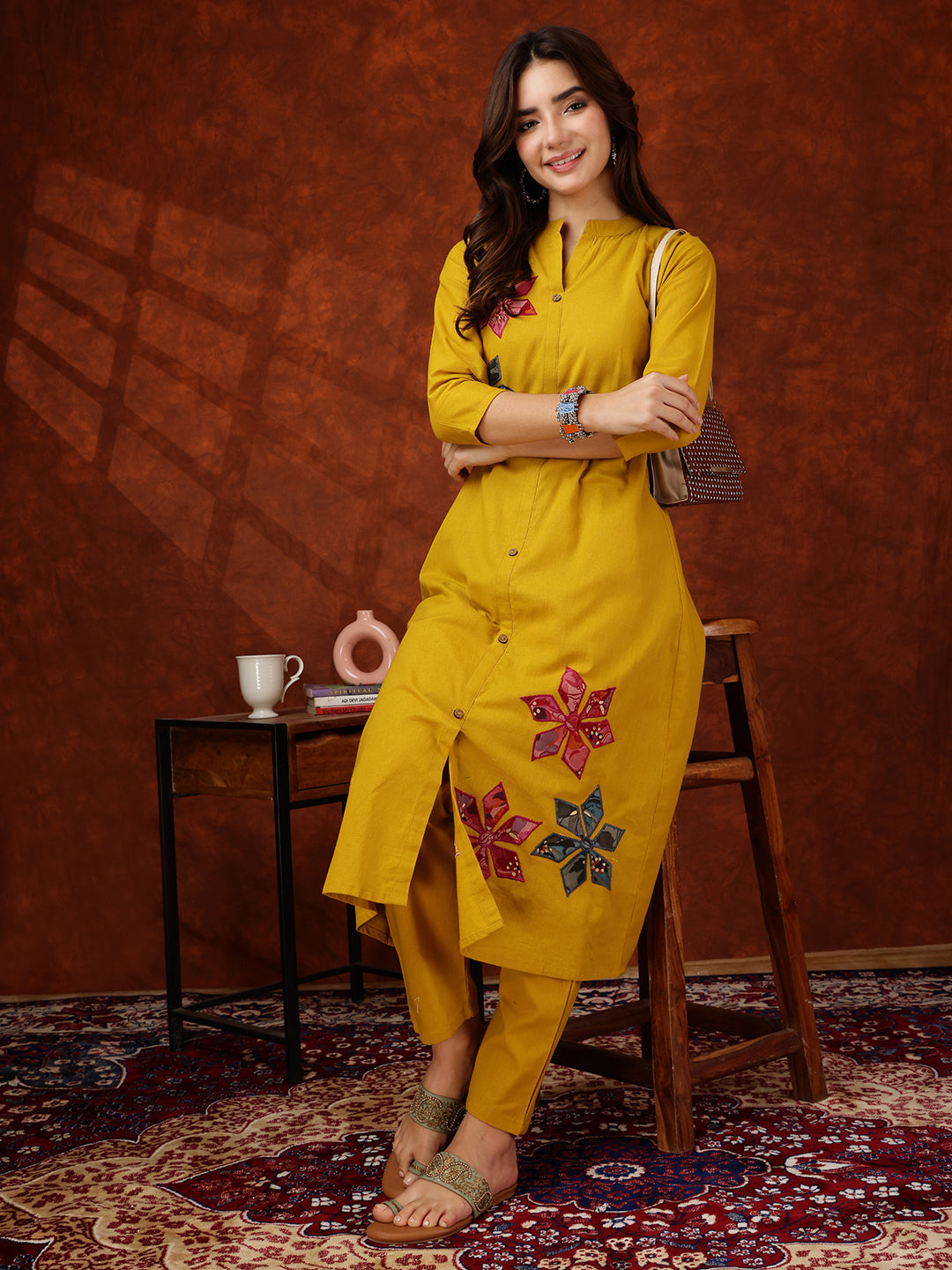 Placement Floral Front Buttoned Kurta With Pant, Mustard - Hiral Fashion | Grocsy