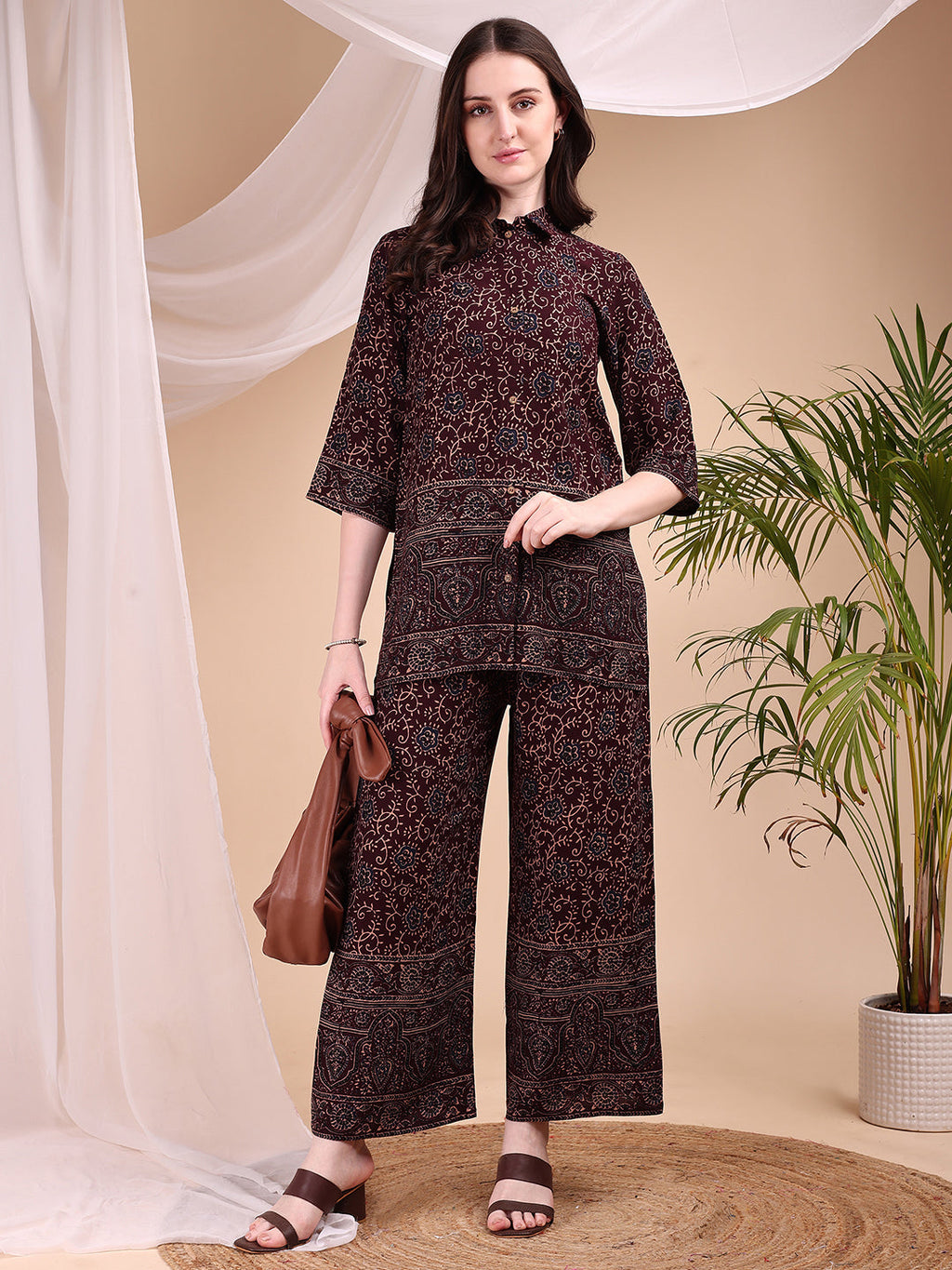 Intricate Floral And Paisley Motifs Co-Ords, Maroon - Hiral Fashion | Grocsy