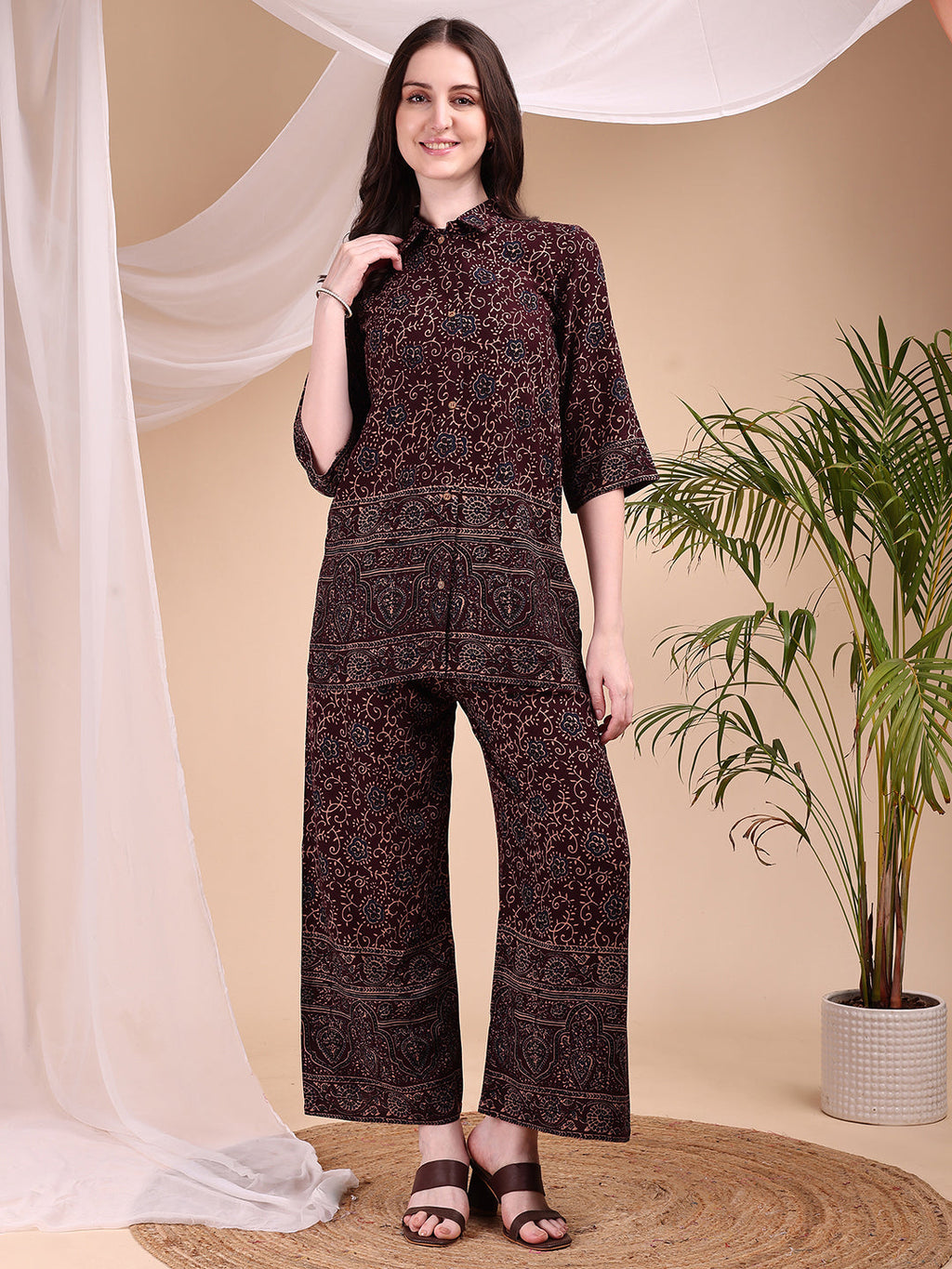 Intricate Floral And Paisley Motifs Co-Ords, Maroon - Hiral Fashion | Grocsy