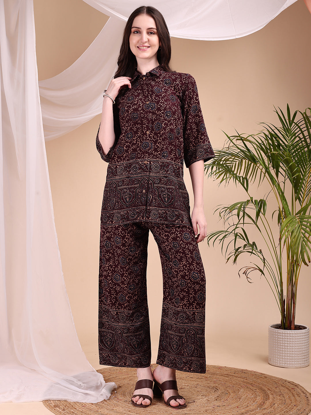 Intricate Floral And Paisley Motifs Co-Ords, Maroon - Hiral Fashion | Grocsy