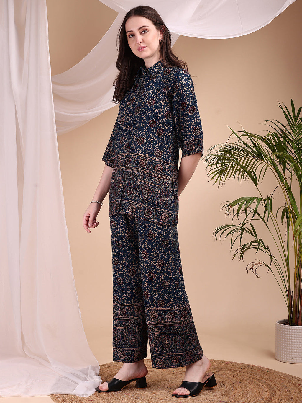 Intricate Floral And Paisley Motifs Co-Ords, Navy Blue - Hiral Fashion | Grocsy