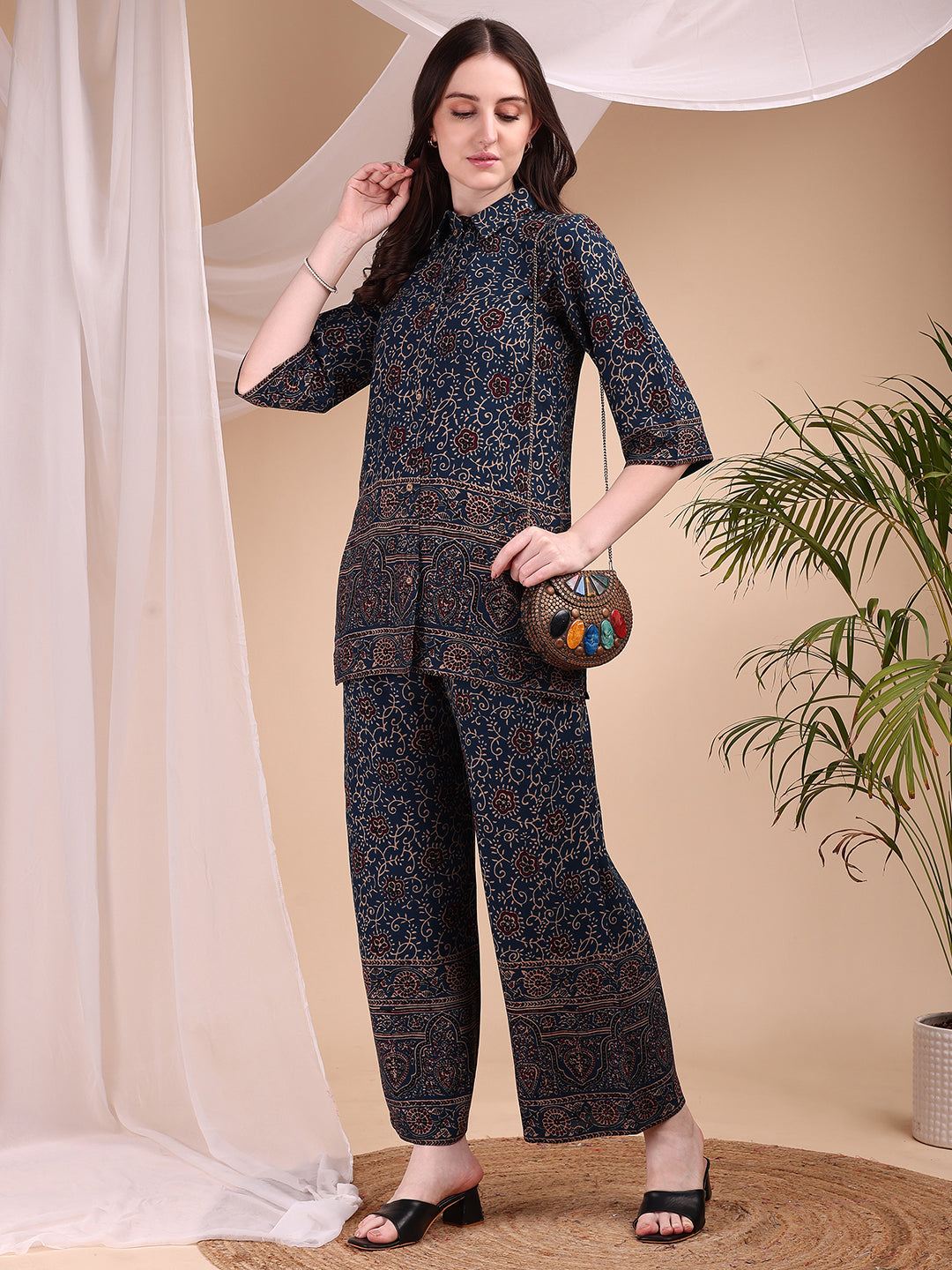 Intricate Floral And Paisley Motifs Co-Ords, Navy Blue - Hiral Fashion | Grocsy