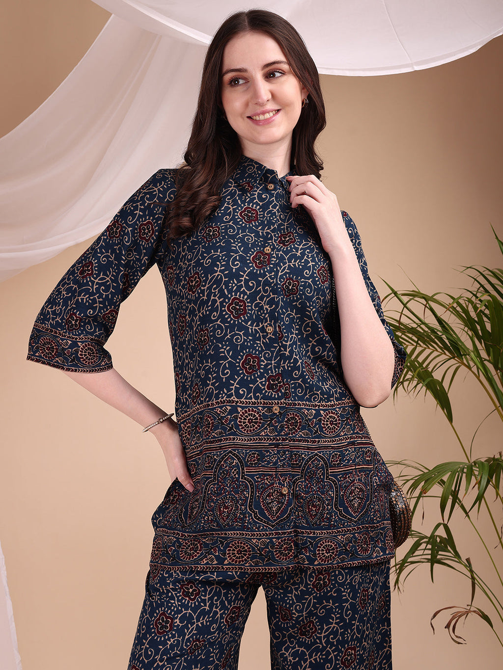 Intricate Floral And Paisley Motifs Co-Ords, Navy Blue - Hiral Fashion | Grocsy