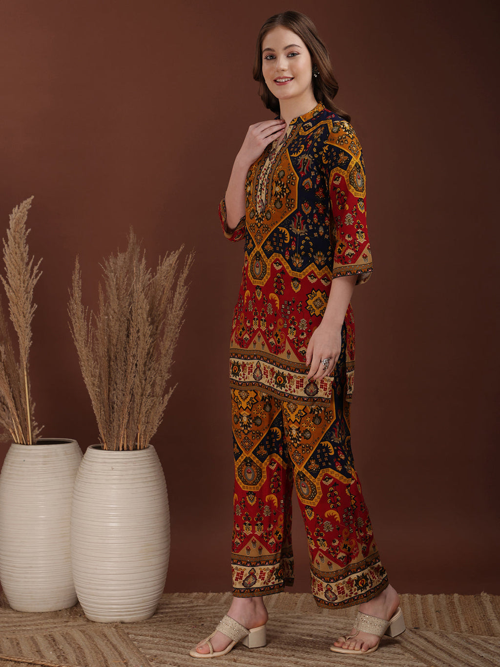 Floral & Geometrical Printed Co-Ords, Mustard - Hiral Fashion | Grocsy