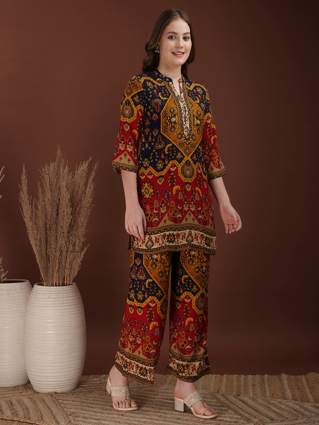 Floral & Geometrical Printed Co-Ords, Mustard - Hiral Fashion | Grocsy