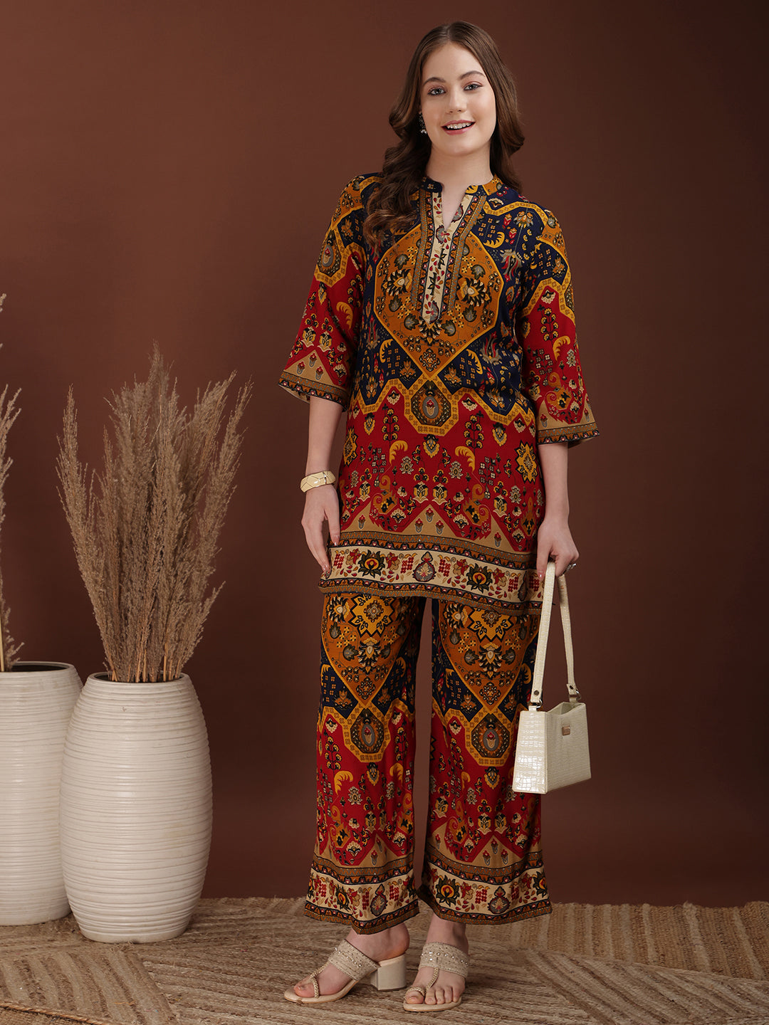 Floral & Geometrical Printed Co-Ords, Mustard - Hiral Fashion | Grocsy