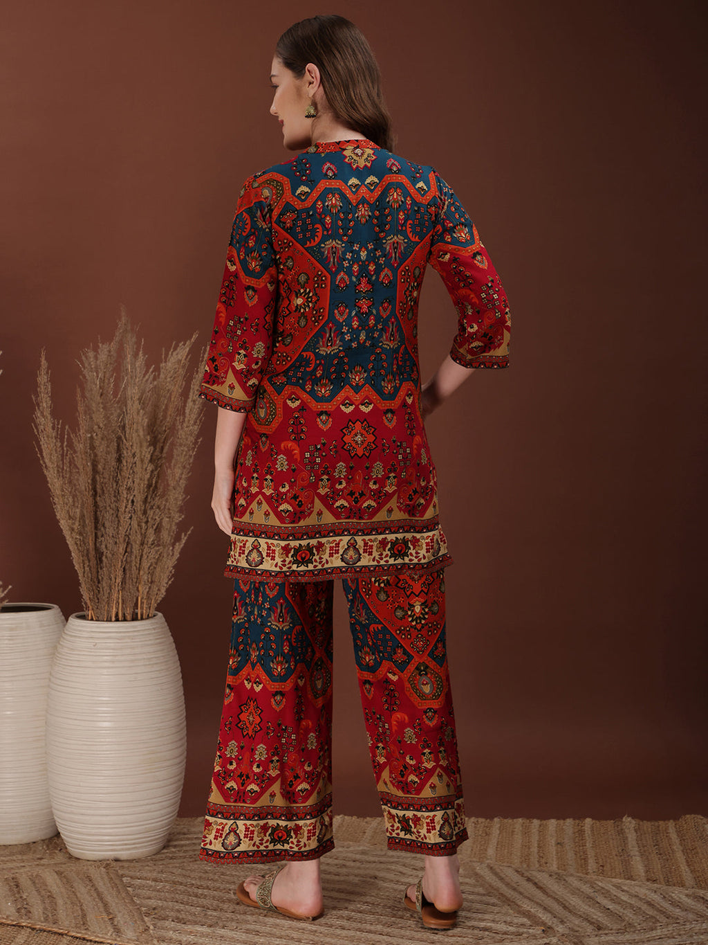 Floral & Geometrical Printed Co-Ords, Red - Hiral Fashion | Grocsy