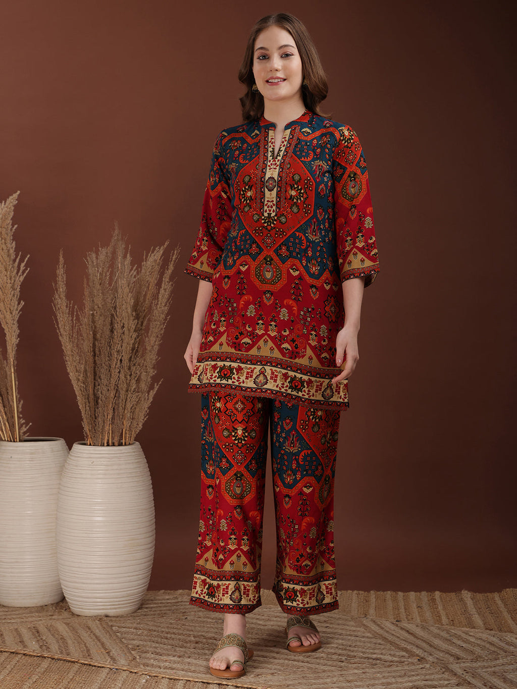 Floral & Geometrical Printed Co-Ords, Red - Hiral Fashion | Grocsy