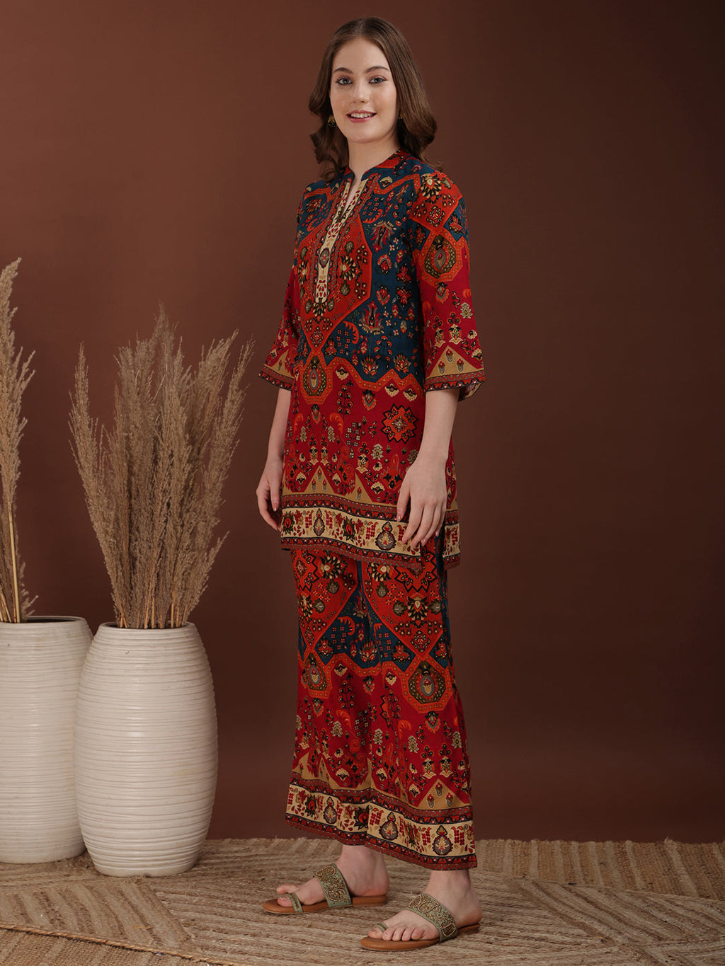 Floral & Geometrical Printed Co-Ords, Red - Hiral Fashion | Grocsy
