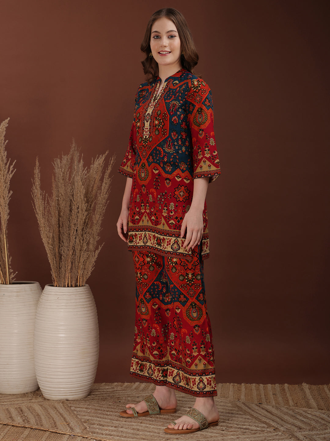 Floral & Geometrical Printed Co-Ords, Red - Hiral Fashion | Grocsy